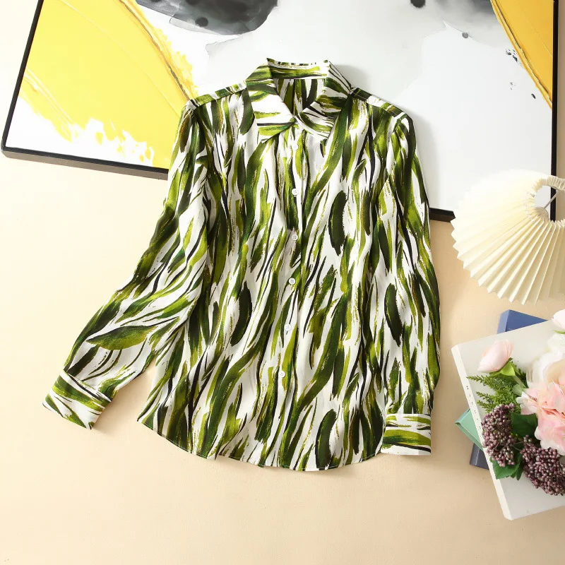 

Birdsky, 1PC Women long sleeve shirt blouse office lady shirts top 100% natural mulberry silk green stripe, S-607