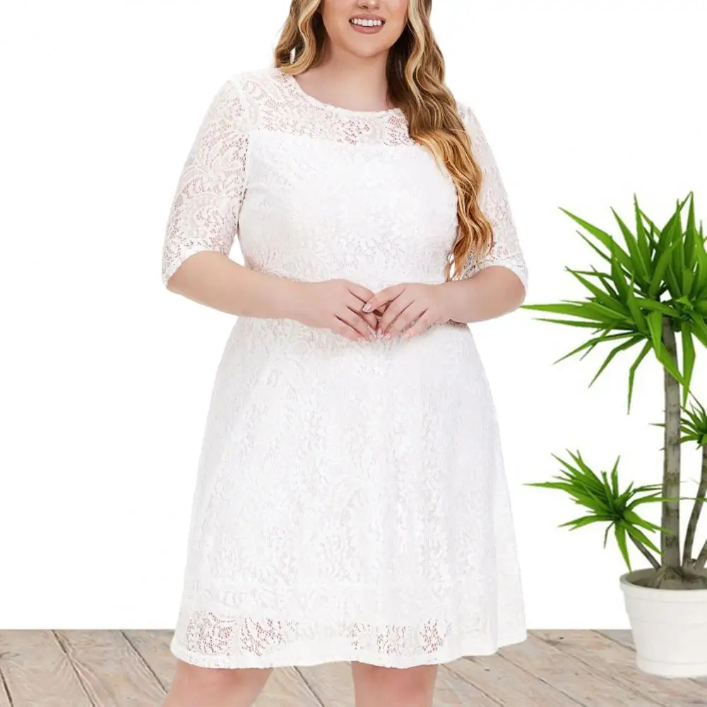 Robe en dentelle à col rond pour femme, manches 3/4, taille haute, robe creuse, tunique d'été élégante, streetwear pour la fête, été