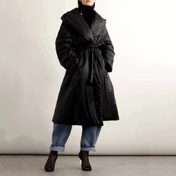 Women's Thick Warm Hooded Cotton Coat, Simple Temperament Jacket, Y2K Tie Waist, Elegant, New, Fall, Winter, 2024