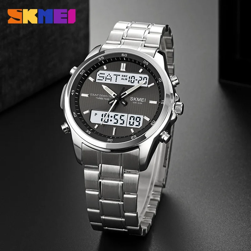 SKMEI 2049 Sport Quartz Digital Business Watches Stainless Steel Wristwatch Men's Waterproof LED Electronic Relogio Masculino image 6