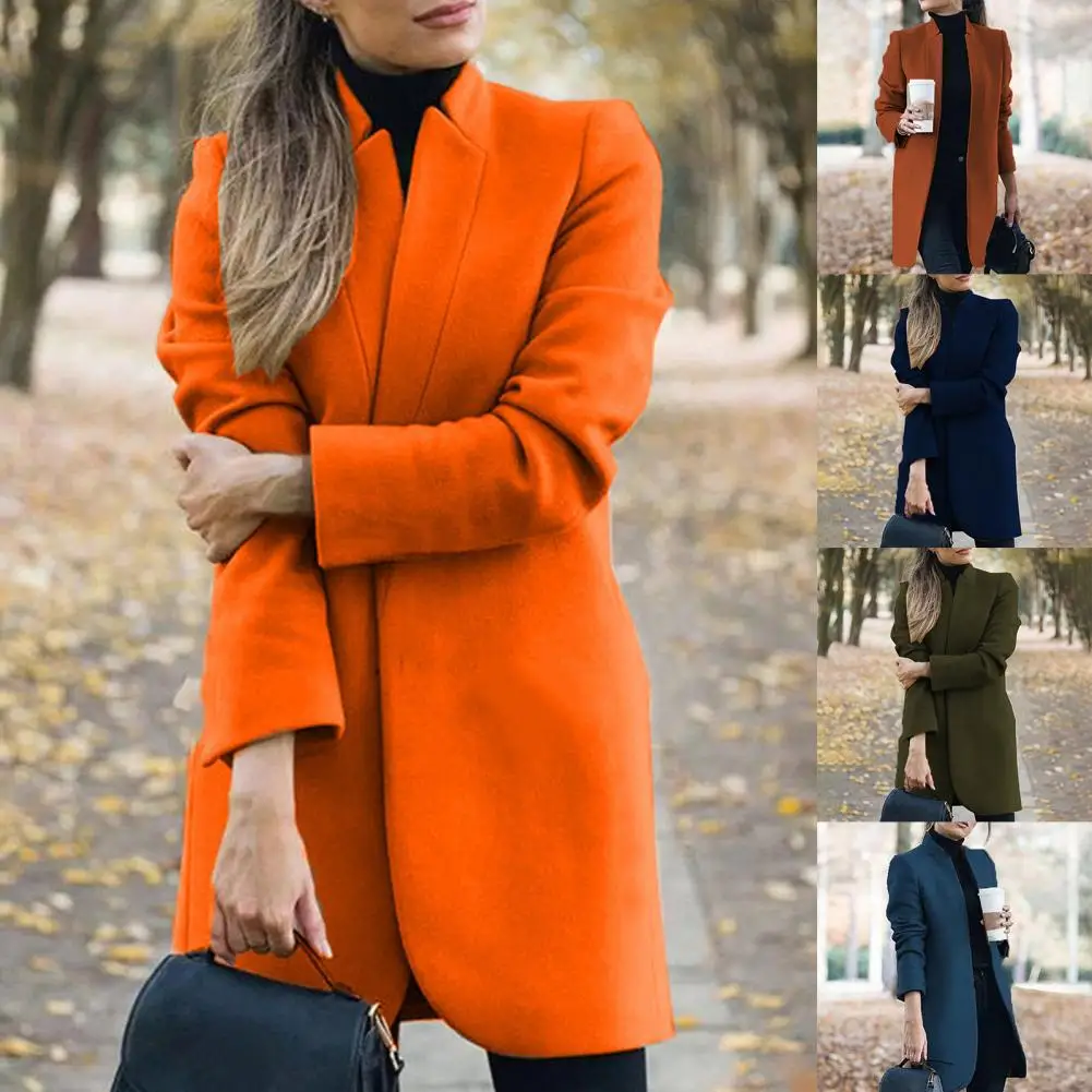 Classic Women Coat Lightweight Casual Coat Slim Fit Open Stitch Woolen Coat  Long