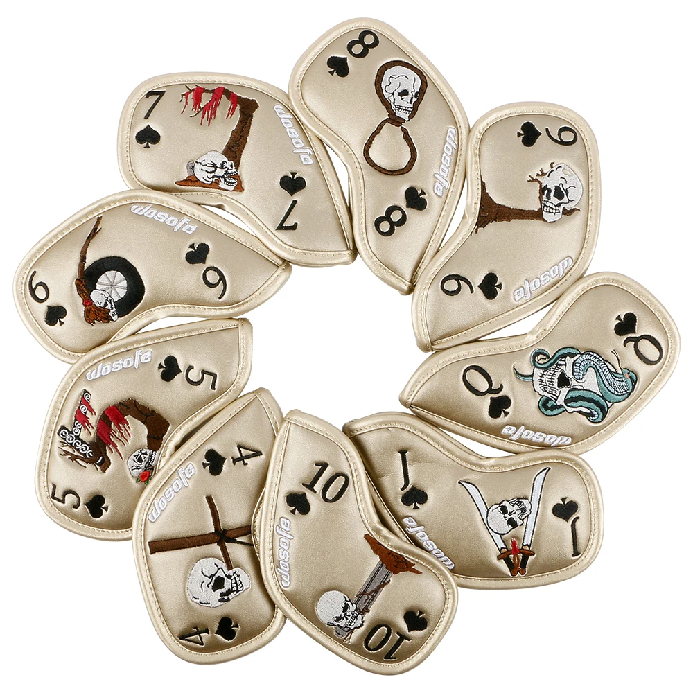 New Arrival PU Leather Cool Fashion Design Gold Color Embroidery Golf Iron Headcover 9 Pcs/Set Golf Club Headcover
