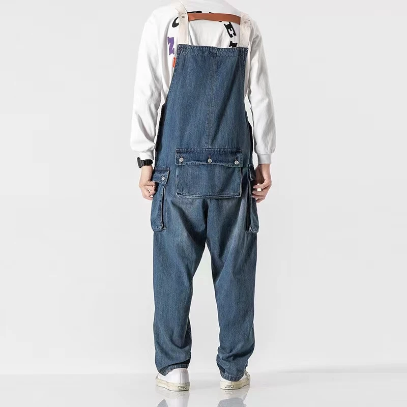 Wash distressed blue Men Jeans Jumpsuits Casual Denim Overalls For Men Multi-Pocket Baggy Suspender Pants Large Size M-3XL