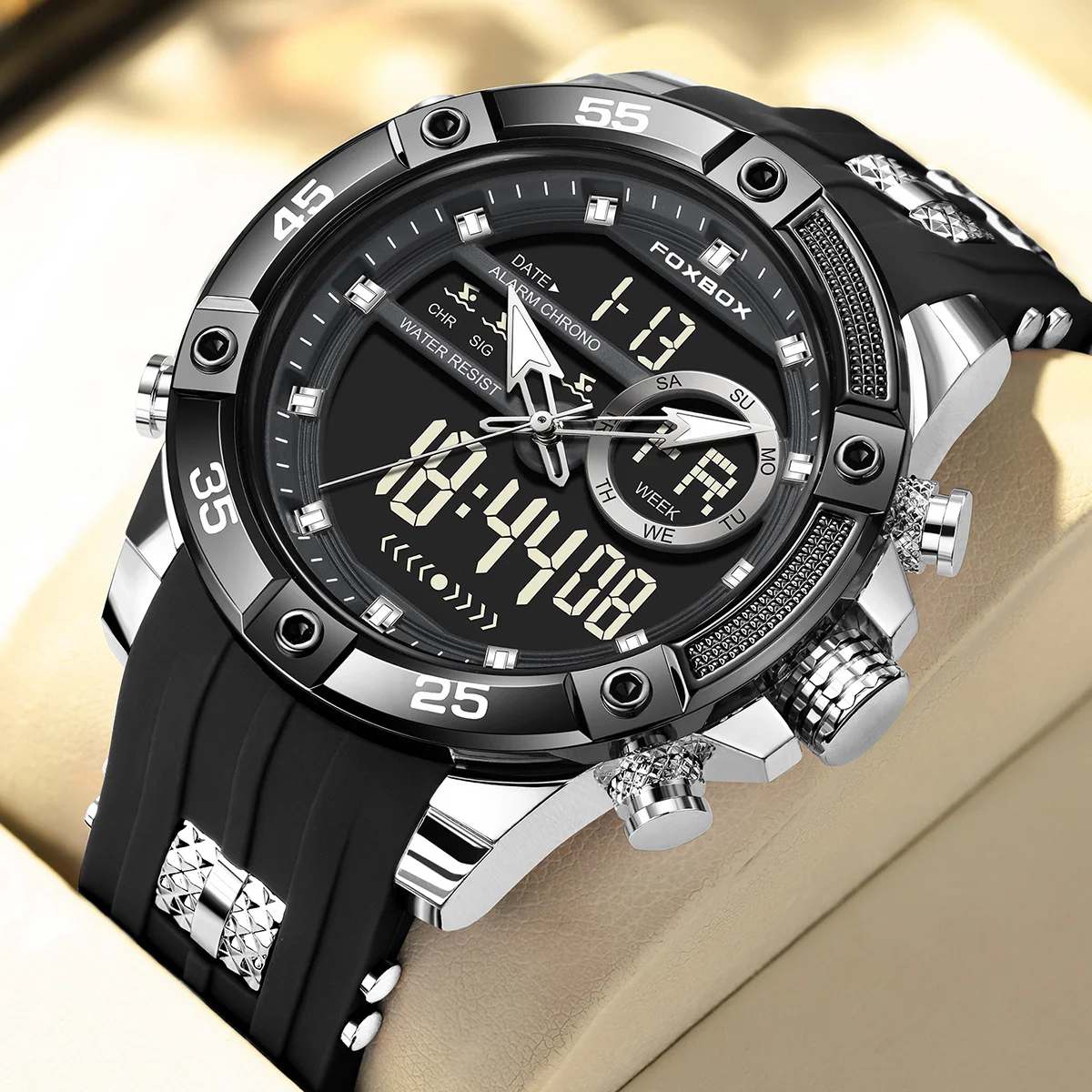 

FOXBOX Fashion Quartz Watch Soft Silicone Waterproof Luminous Date Mens Digital Watches LED Dual Display Chronograph Man Watch