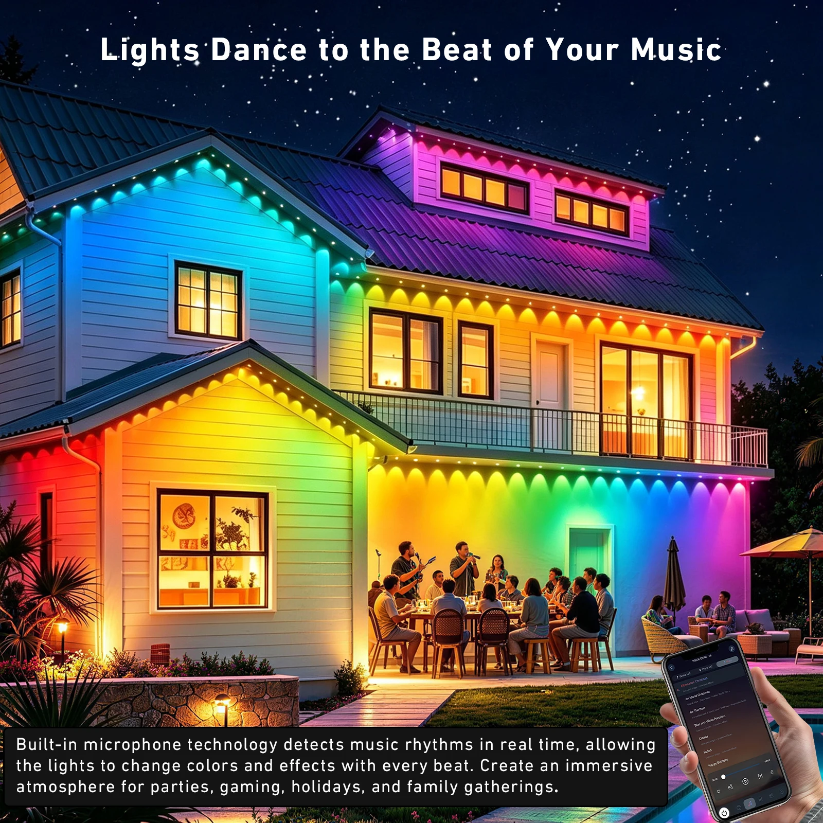 600FT Permanent Outdoor String Lights RGB+IC,IP67 Waterproof Eaves Lights, App & Remote Control, Music Sync, MyDIY Timer, Easy Install for Patio, Roofline, Garden, Deck, Fence Holiday Decor 4