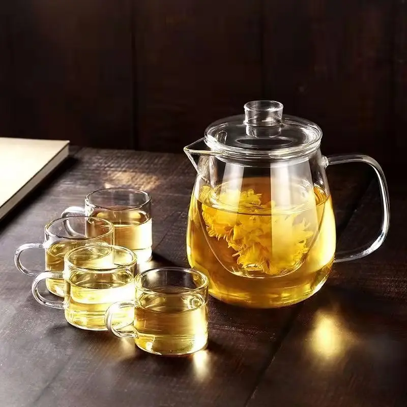 Borosilicate Glass Tea Set 600ml Heat Resistant Explosion-Proof Teapot 100ml Teacups Lead-Free, Milk, Rose，Fruit Quality Teaware