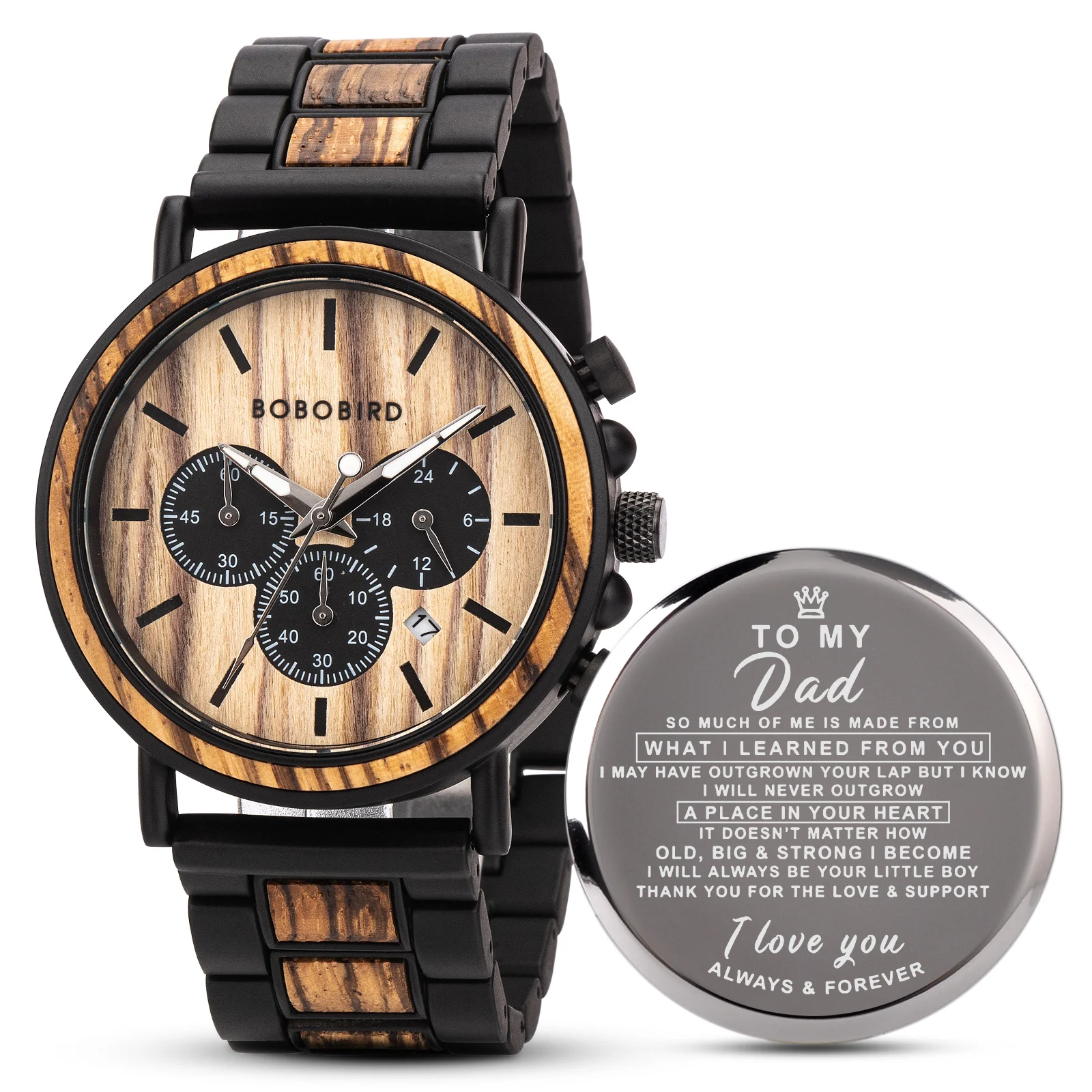 BETHEGIFT Father's Day Gifts Personalized Engraved Wooden Watches BOBO BIRD Casual Clock Chronograph Quartz Wrist Watch For Men