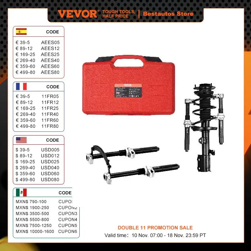 VEVOR Federspanner Satz 280 mm Max. Kompressionshub Universal Federbein Werkzeug 1200kg Tragfähigkeit federbeinspanner 220–310mm KFZ Auto Profi Feder Spanner Stoßdämpfer Werkzeug