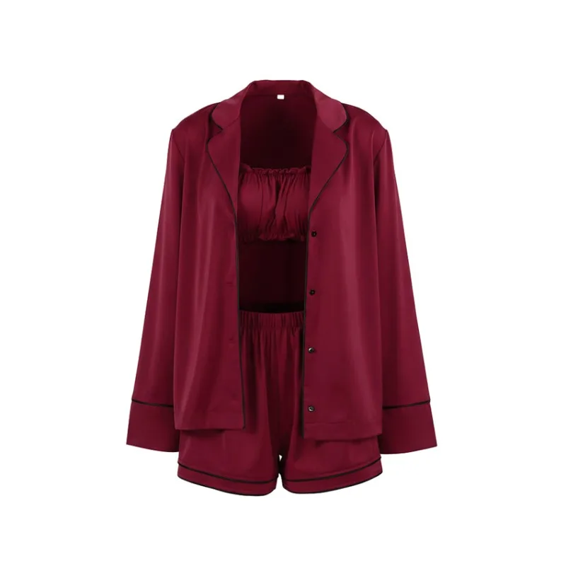 Cross-border Skin-friendly Ice Silk Pajamas, A Three-piece Set of Long-sleeved Underwear Shorts for Women's Home Wear in Autumn.