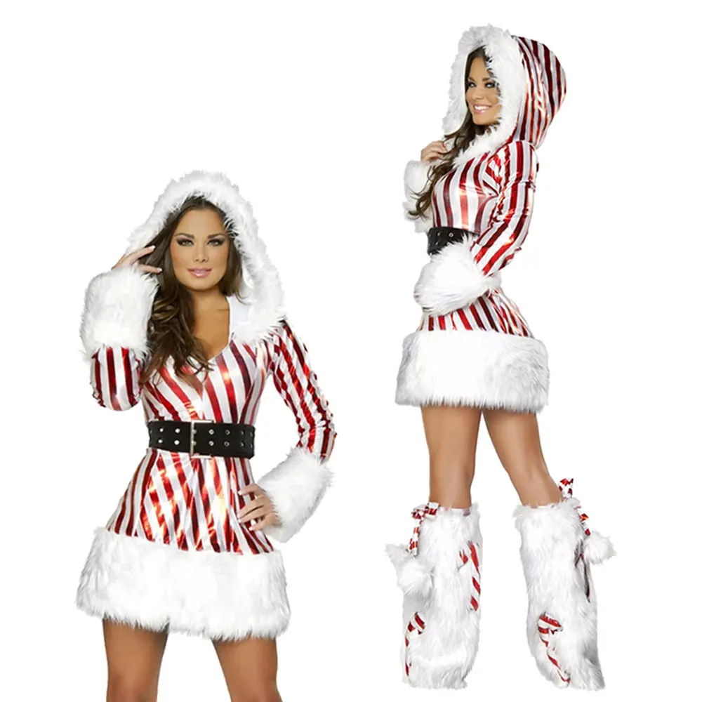 

Women Christmas Costume Christmas Hooded Dress Striped Mrs Claus Cosplay Costume Xmas Holidays Party Fancy Dress
