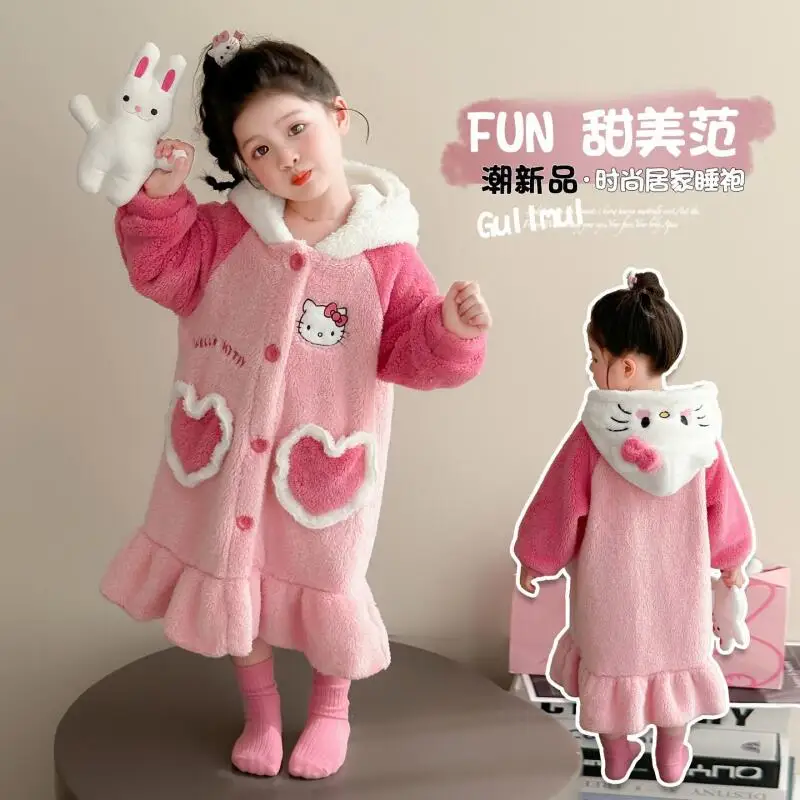 

Sanrio hello kitty ночная рубашка для девочек, новый стиль, утепленный милый халат, осенне-зимнее детское банное полотенце, кавайная пижама с капюшоном