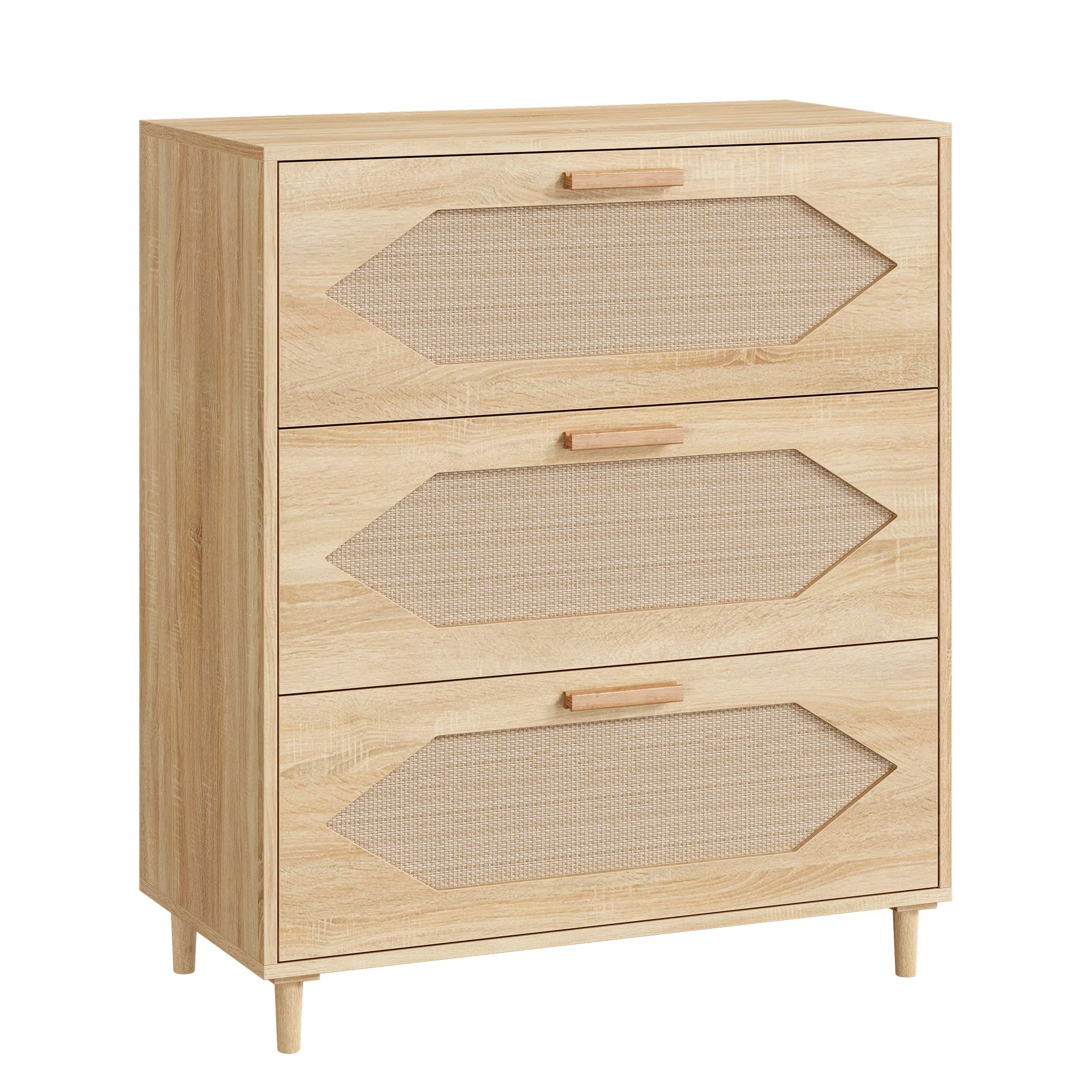 3-Drawer Wooden Chest of Drawers with Rattan Details – Modern and Natural Style – Ample Storage Space – Easy to Assemble – Ideal for Bedroom, Living Room, Hallway or Entryway