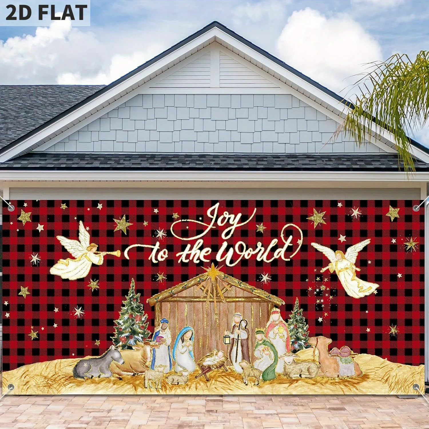 

Christmas Nativity Garage Door Banner Cover Large Christmas Garage Decorations Joy to The World Red Buffalo Plaid Backdrop