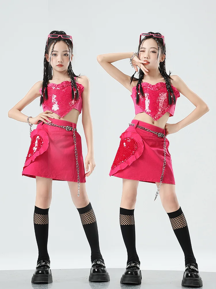 K-pop Clothes Girls Jazz Dance Costume Kids Dance Show Tide Costume Set Pink Set Vest + Skirt Girls Street Dance Clothes