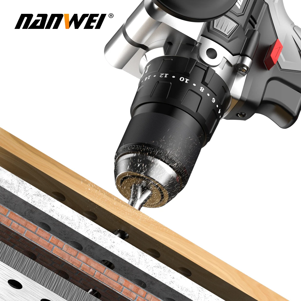 NANWEI 140 N/m Cordless Drill Power Tool Set 21V 13mm Electric Brushless Impact Cordless Drill Machine with Handle