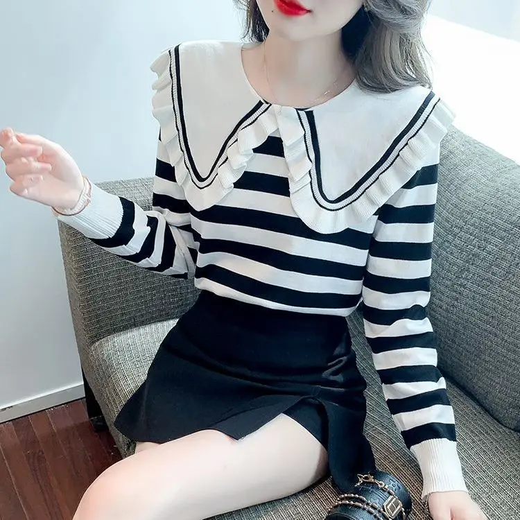 

Womens Pullovers Sweater Striped Slim Bottoming Shirt Doll Collar Knitwear Spring Autumn 2024 Basic Korean Jumpers T54