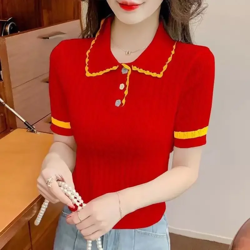 여성용 아이스 실크 폴로 셔츠, 골프 반팔 니트웨어 티셔츠, 얇고 달콤한 슬림 짧은 니트 상의, 버튼 패치워크 티, 시크한 여름