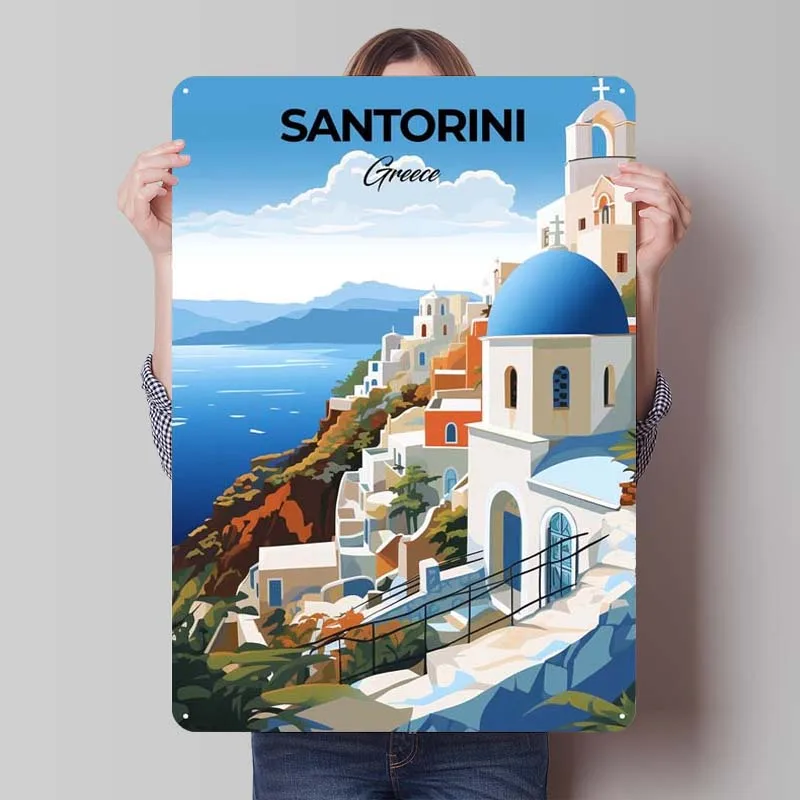 Santorini Greece Metal Sign Travel Poster Retro Vintage Tinplate Sign for Wall Art Decoration House Decor Art of Murals Home Tin