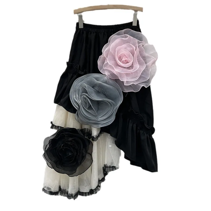 Skirts Women Mid Length Skirt A Line Mesh Splice Ruffle Irregular Floral Elastic Waist Elegant Y2k Streetwear Work 2026 Spring