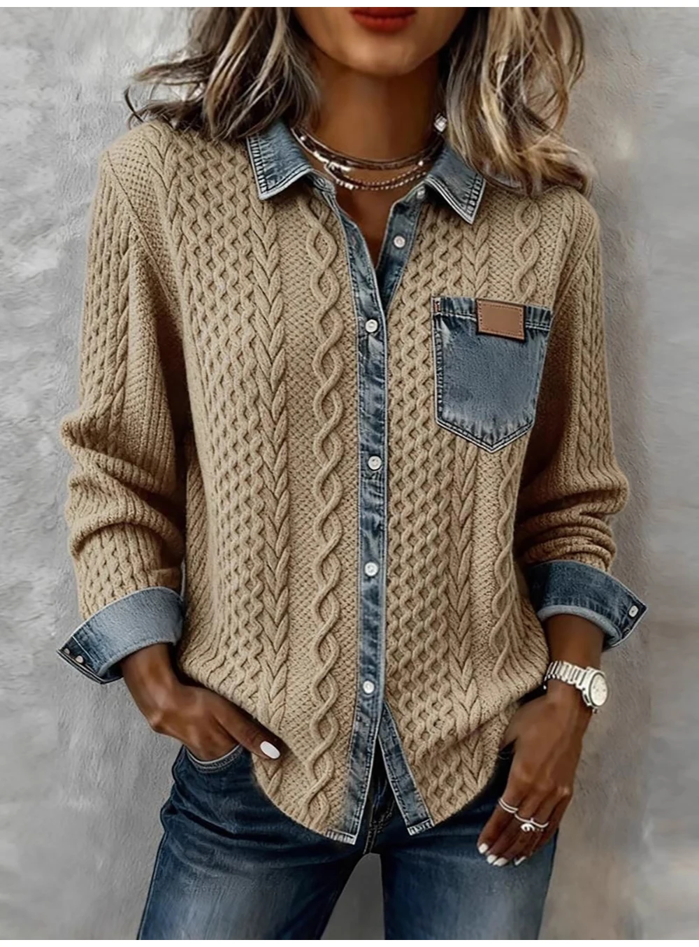 Women Denim Patchwork Knit Texture Jackets European American Style Denim Pocket Single Breasted Coats Casual Cardigans Tops