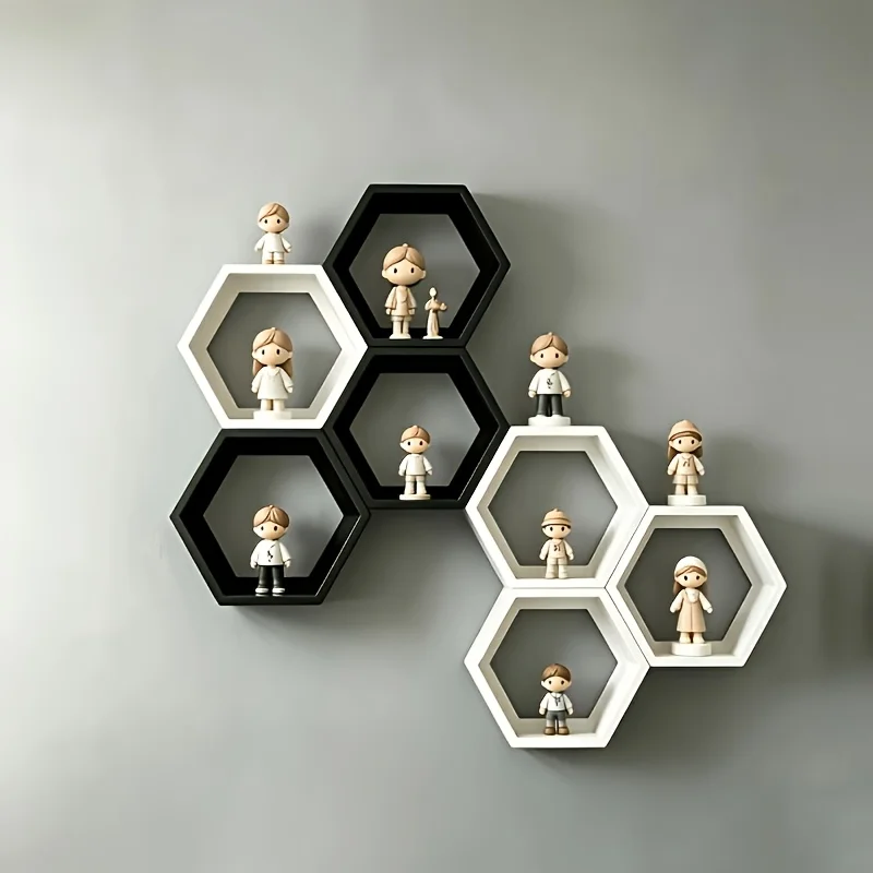 Nordic Style Hexagonal Floating Shelves Wall Mounted Storage Rack Geometric Design Double-Sided Tape Installation Required