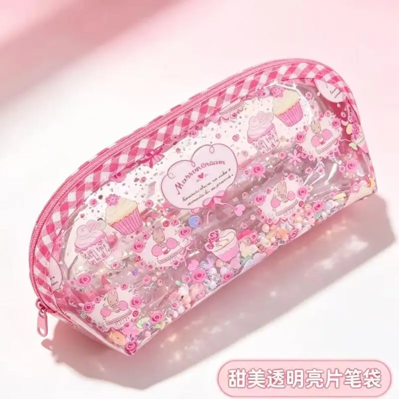 Japan Cartoon Image Marron Cream Pvc Transparent Pencil Case Cartoon Quicksand High Capacity Student Stationery Storage Bag