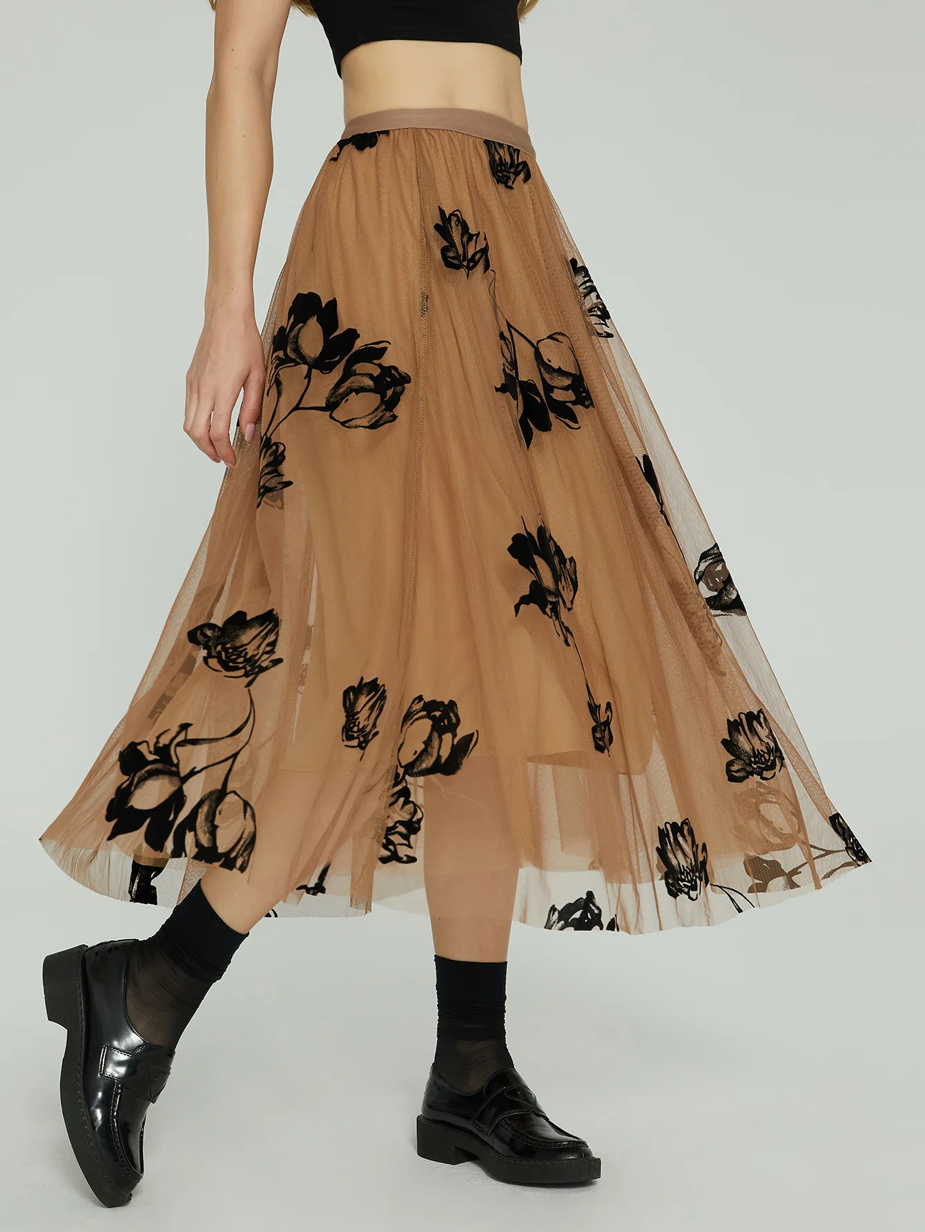 

2024 floral print vintage mesh midi pleated skirt stretchy waist black beige holiday panel loose skirt