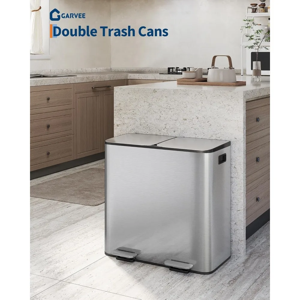 2 x 40L Large Capacity Bathroom Trash Can With Dual Compartment Stainless Steel Step-On Bin Removable Inner Buckets  Garbage Can for Kitchen, Bathroom, Bedroom, Living Room