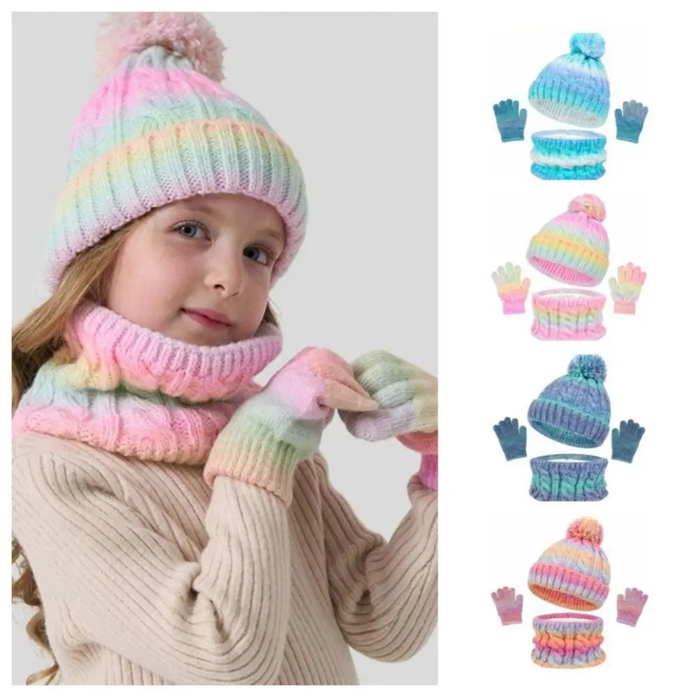 

Gradient Color Baby Hat Scarf Gloves Set Cute Pompom Warm Ears Toddler Knitted Hat Keep Warm with Velvet Hat Set Outdoor