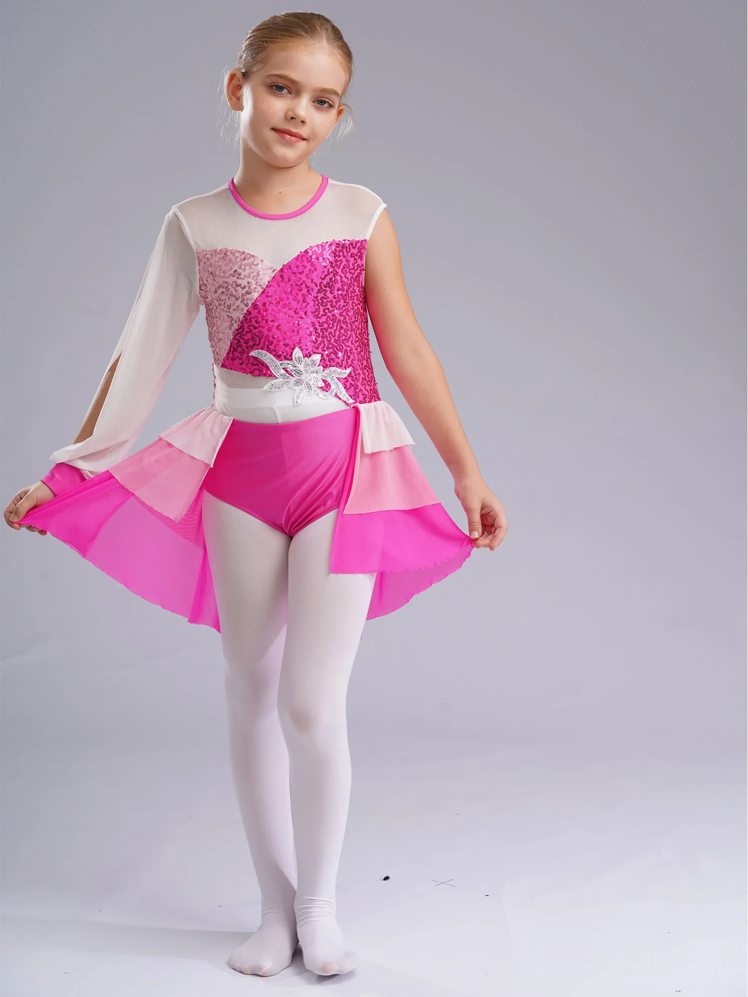 

Kid Girl Lyrical Modern Dance Costume One Shoulder Tiered Ruffled Skirted Leotard Performance Party Clothing Ballet Dancewear