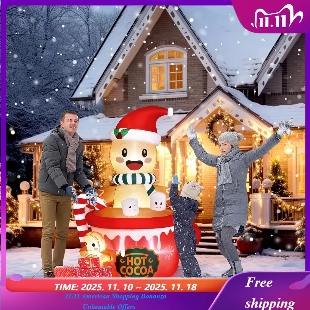 

Надувной рождественский пряничный пряник высотой 6 футов, украшение для двора с безопасной сумкой для хранения кольев, электрический вентилятор