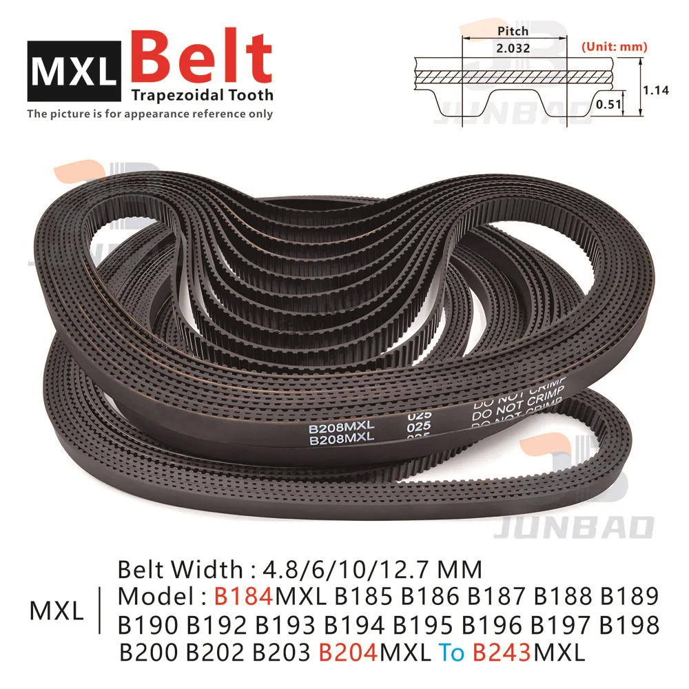 

MXL Synchronous Timing Belt Model number B184MXL B185 B186 B187 B188 B189 B190 B192 B193 B194MXL To B243MXL perimeter 373-494mm