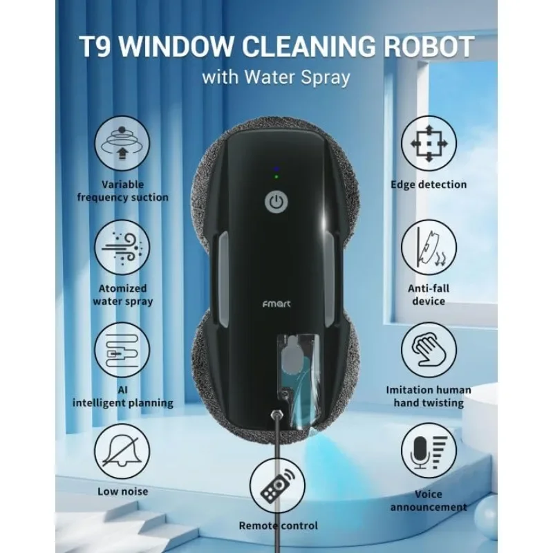 FMART T9 Pro Window Cleaning Robot - 3800PA, Ultrasonic Water Spray, AI Path Planning, AI Edge Detection Window Cleaner Robot