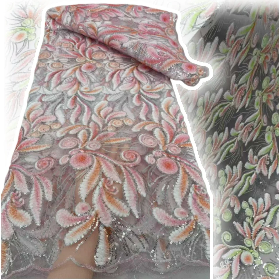 

2025 High Quality Lace Fabric for African 5 Yards Mesh French Tulle Lace with Sequins Nigerian Fabric for Women Dresses CC1661