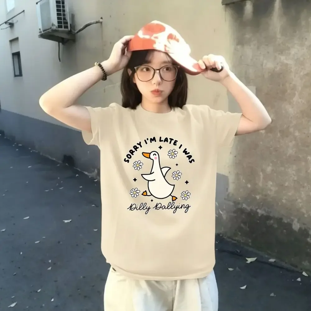 Sorry I'm Late I Was Dilly Dallying Goose  Women's Oversized T-shir Funny Goose Graphic Tee Animal Humor Cute Goose Tee Clothing