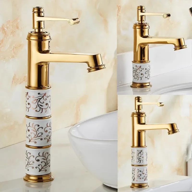 

Gold Bathroom Faucet Brass and Ceramic Rose Gold Basin Faucet Deck Mounted Bathroom Water Tap Hot & Cold Mixer Tap Sink Faucet