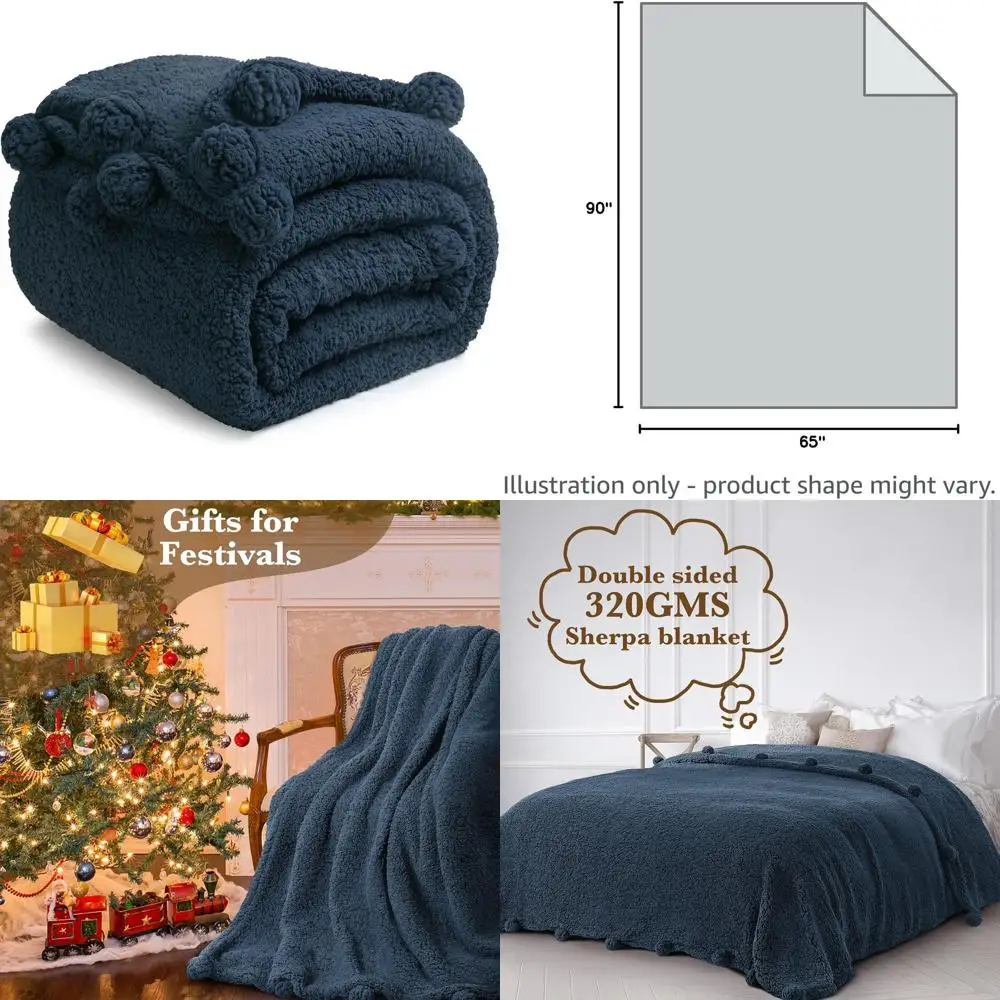 

Двустороннее одеяло из шерпа двойного размера — ультрамягкое, уютное, плюшевое, пушистое, темно-синее.