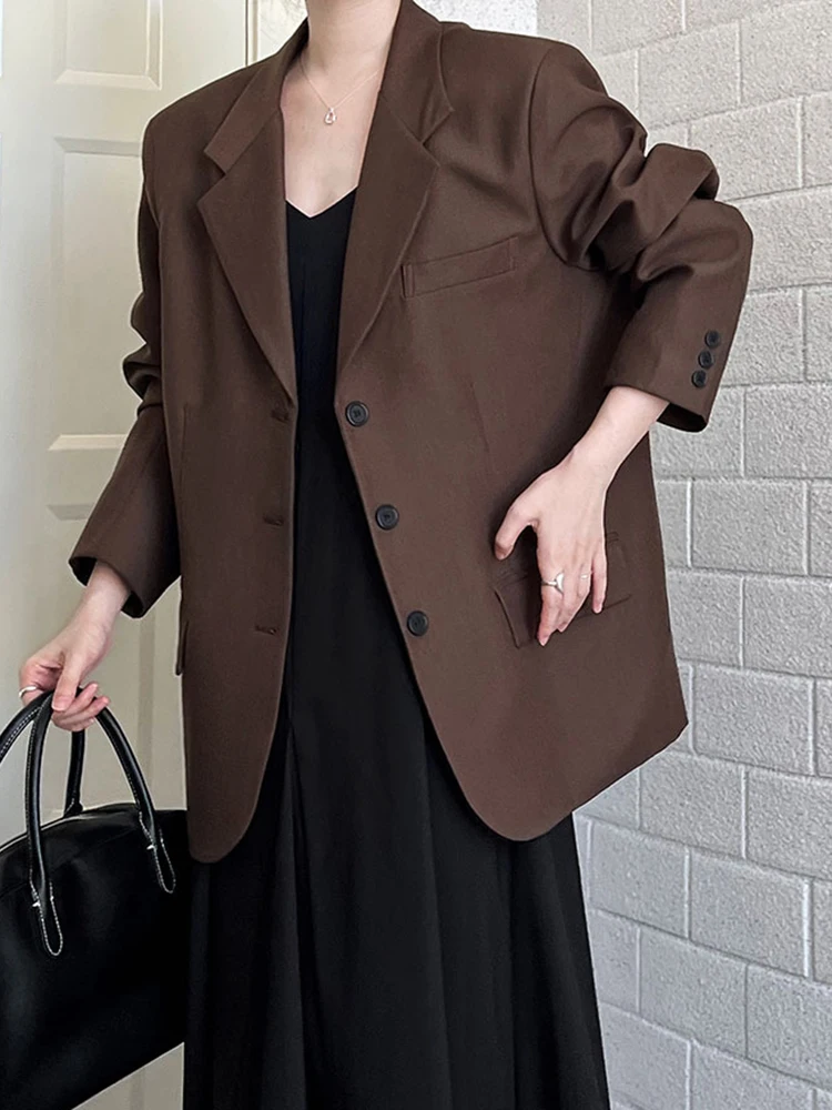 [LANMREM] Vintage Blazers For Women Notched Single Breasted Long Sleeve Office Lady Loose Jackets 2024 Autumn New 26C204