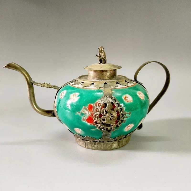 

Exquisite Chinese Antique home decorative hand painted green Porcelain Teapot Inlaid with Tibetan Silver Animal Stautes