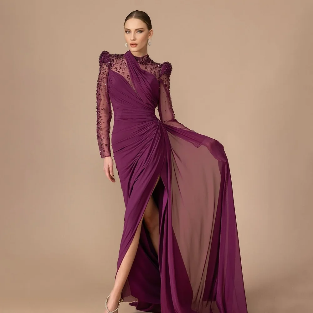 

Fashion Evening Dress High Neck Sequin Long Sleeves Pleat Chiffon Elegant Prom Dresses Thigh Slit Long Party Dresses Customized