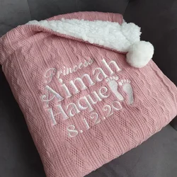 Personalised Baby/Toddler Cable Knit Blanket. Personalised with Name or Birth Date. Pom Pom Feature and Sherpa Fleece Backing