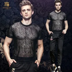 Fanzhuan Free Shipping 2018 Male Men's Perspective Hollow T-Shirt Summer Personality Thin black Lace Jacquard Night Club 815133