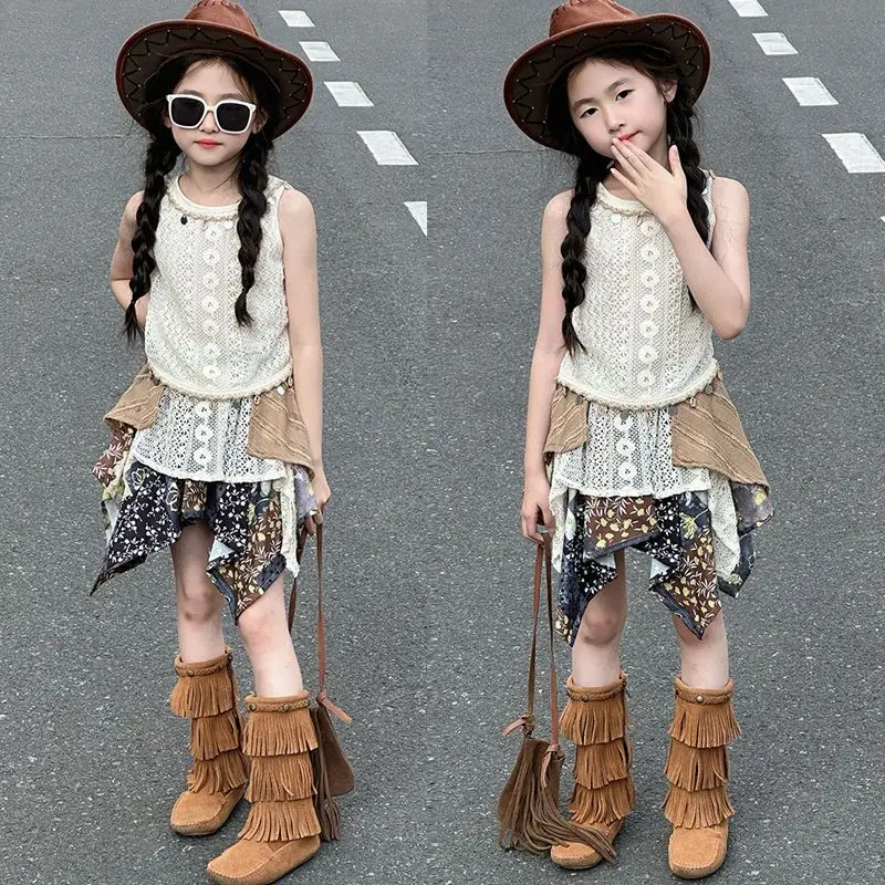 Kids Girls Bohemian 2-Piece Set Crochet Knit Sleeveless Top + Floral Patchwork Irregular Skirt Boho Casual Fashion Summer Outfit