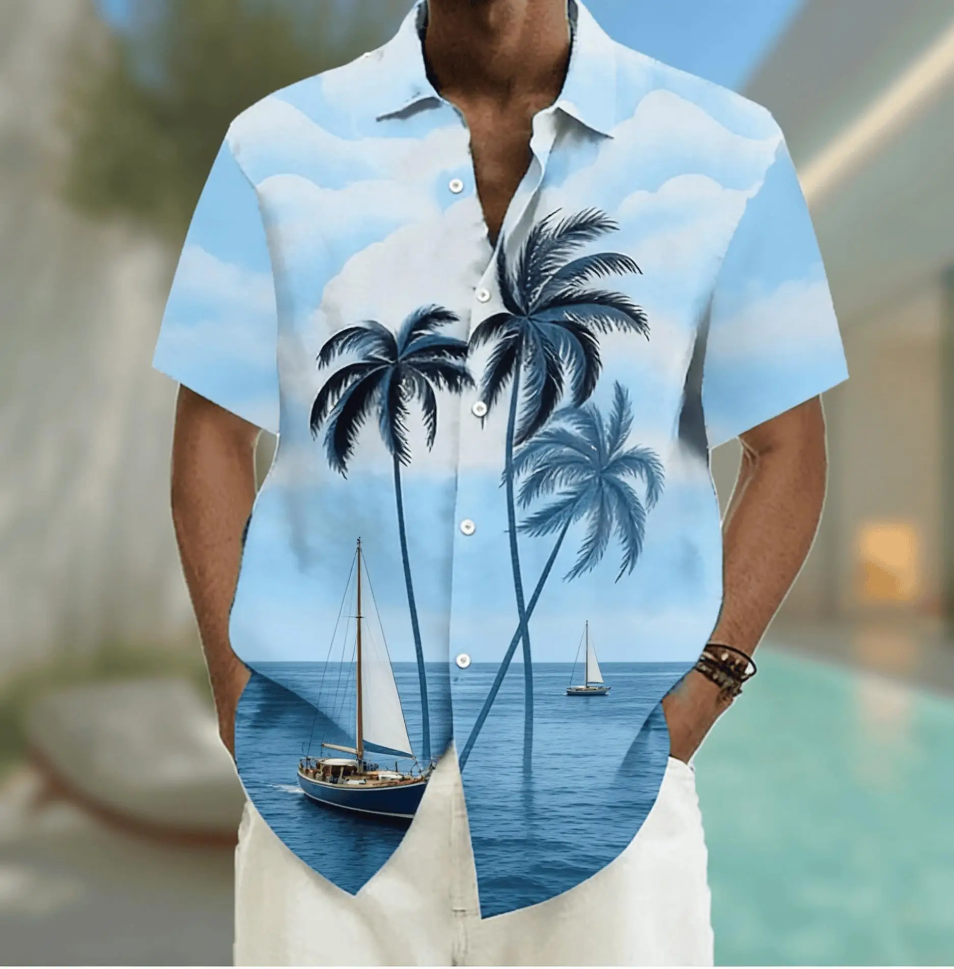

Men's Fresh Ocean Print Short Sleeve Shirt, Spring Summer Casual Hawaiian Vacation Blouse, Loose Casual Top
