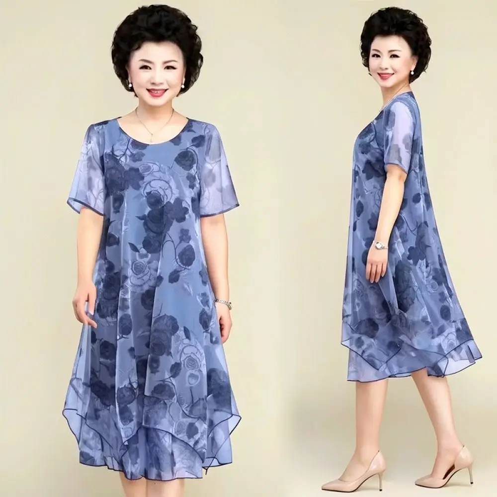 Elegant Summer Floral Mesh Dress Women Plus Size Casual Loose Fit Short Sleeve A Line Midi Breathable Apparel