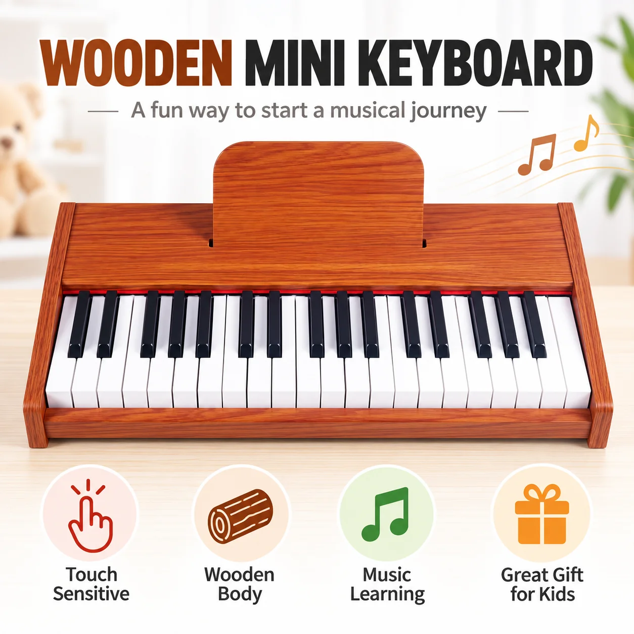 Musical Instrument No Touch - 25/37 Keys Wooden Kids Piano, Touch