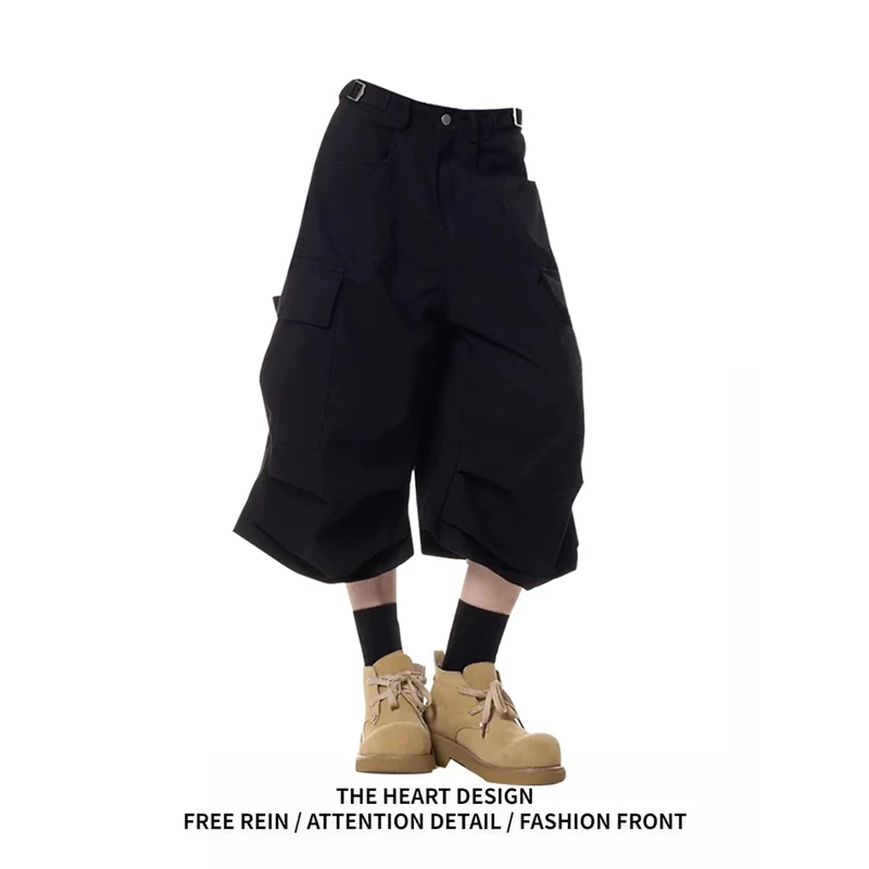 

ZHIZOU Summer Women American Retro Black Punk Denim Shorts Y2K 2000s Japanese Harajuku Cargo Jeans Calf-Length Pants Boyfriend