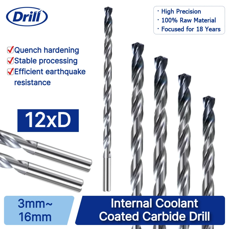 Coated 12xD Long CNC Drill, Internal Coolant, Deep Hole Steel Machining, Sizes 3mm–16mm Available