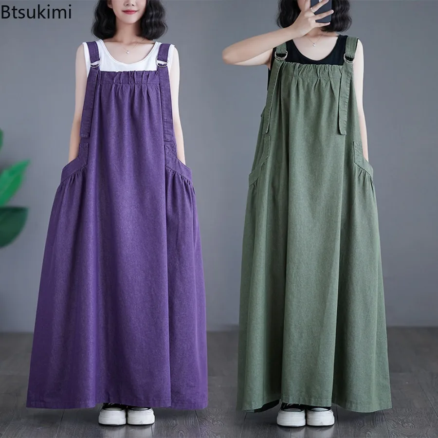 

Women's Spring Summer Fashion Long Dress Solid Color Retro Loose Slimming Denim Suspender Dress Long Large Swing Suspender Dress