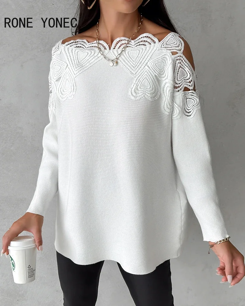 Women Chic Basics Lace Patch Cold Shoulder Knit Sweet Heart Sweater